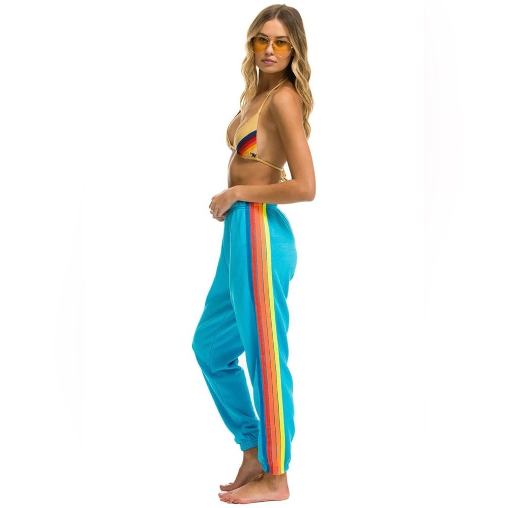 NWT Aviator Nation Women’s 5 Stripe Sweatpants in Neon Blue/Neon Rainbow in M
